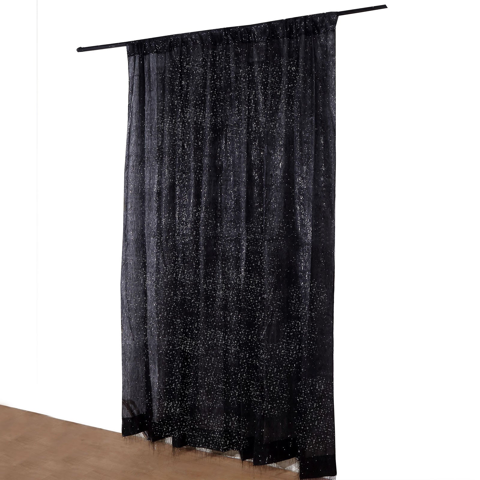 8ft black metallic fringe backdrop curtain with shimmery tinsel design.