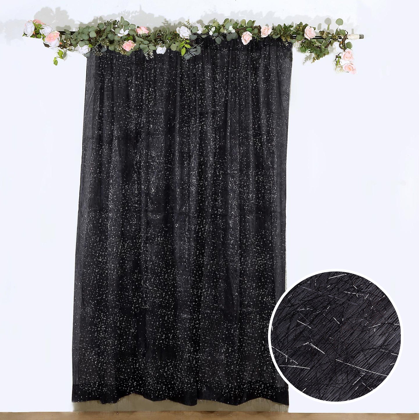 8ft black metallic fringe drapery panel with shimmery tinsel texture.