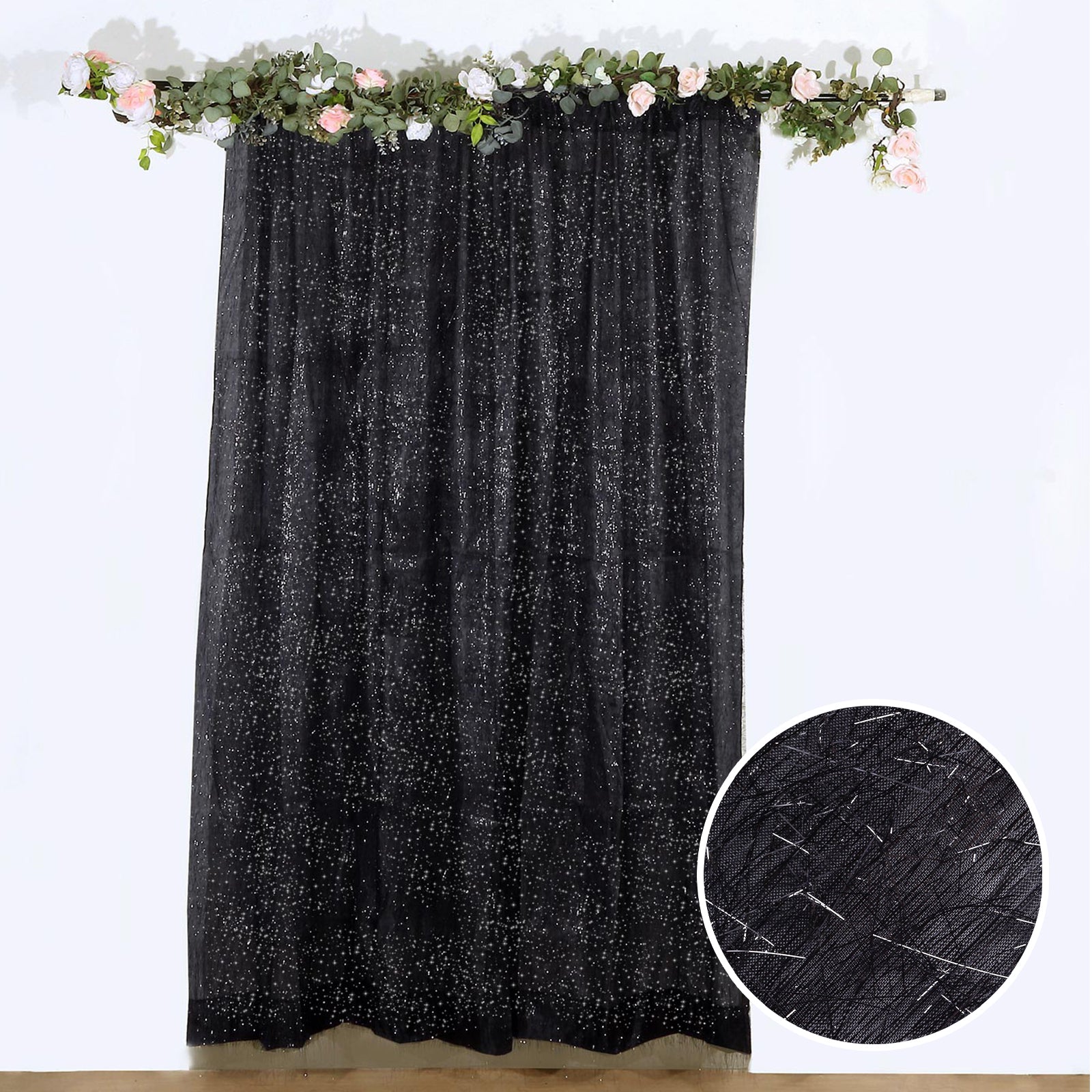 8ft black metallic fringe drapery panel with shimmery tinsel texture.