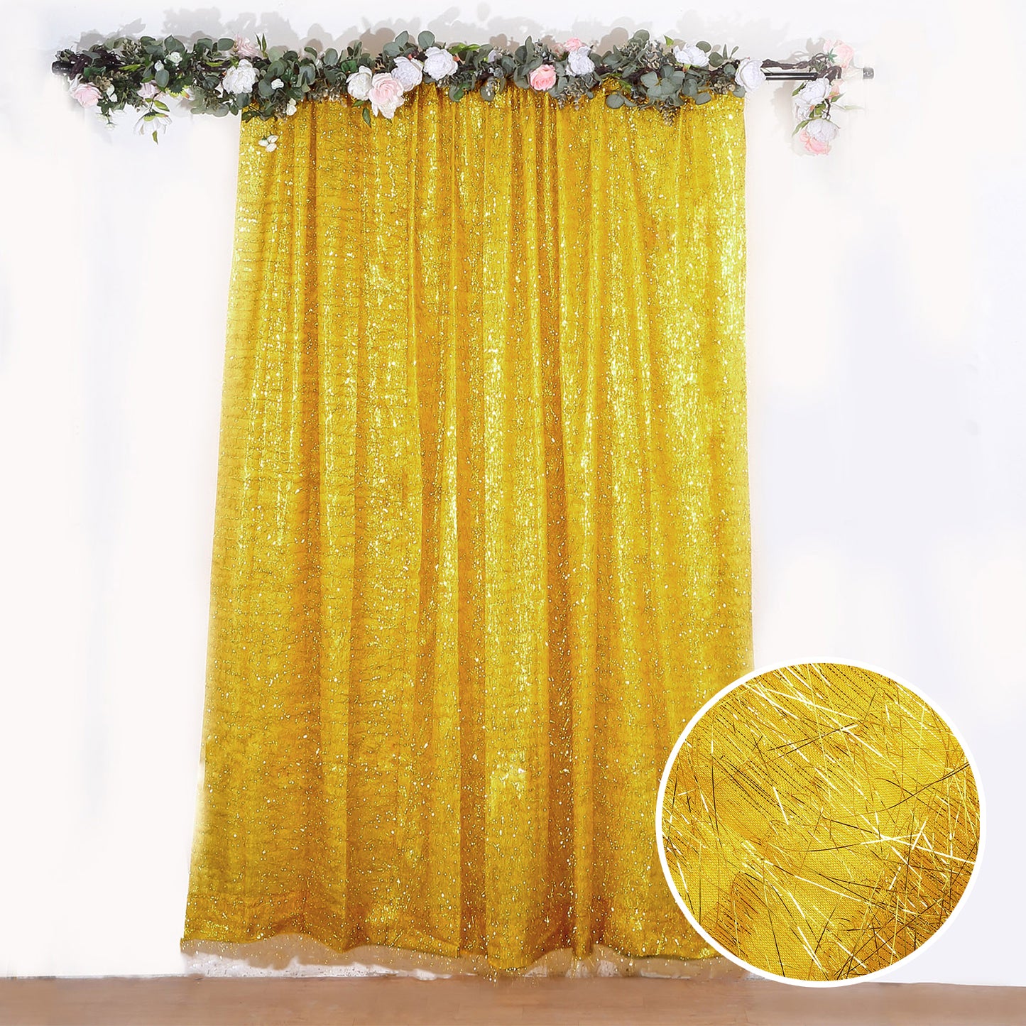 Gold metallic fringe drapery panel with shimmery tinsel effect.