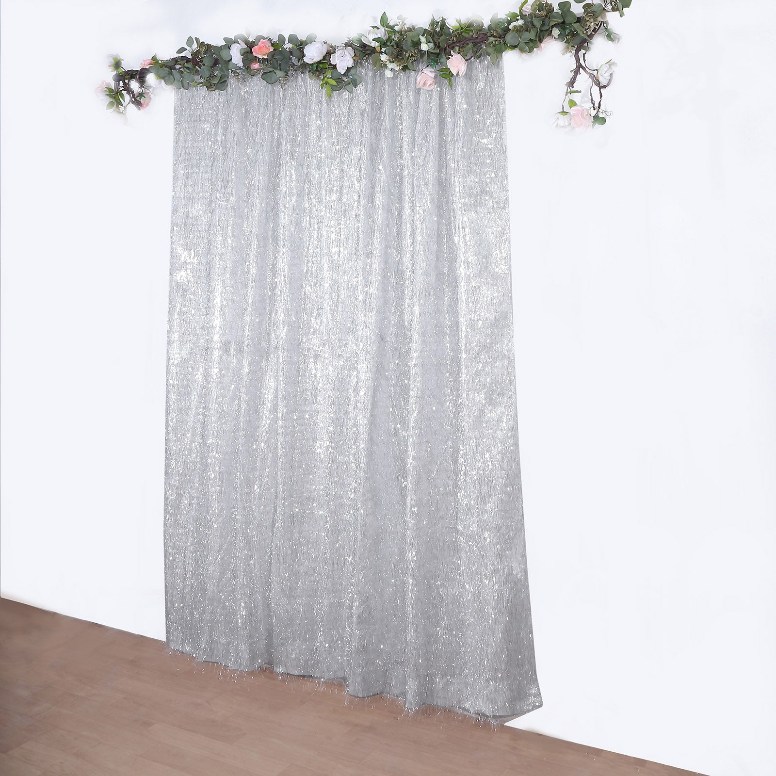 8ft silver metallic fringe drapery panel backdrop curtain