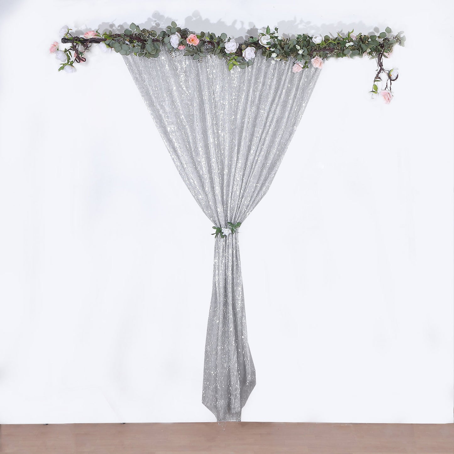 8ft silver metallic fringe shag drapery panel with floral accents.
