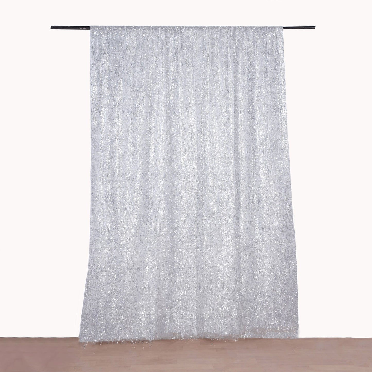 8ft silver metallic fringe drapery panel with shimmery tinsel finish.