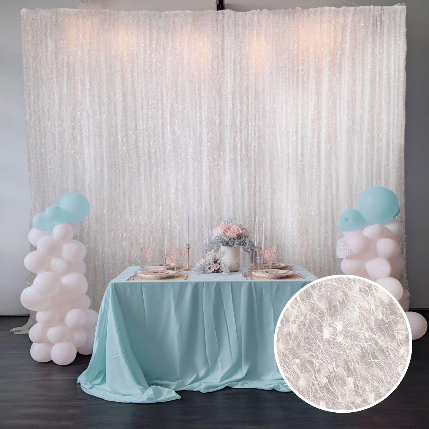 8ftx8ft White Fringe Shag Polyester Wedding Drapery Panel, Minky Fabric Photo Backdrop Curtain