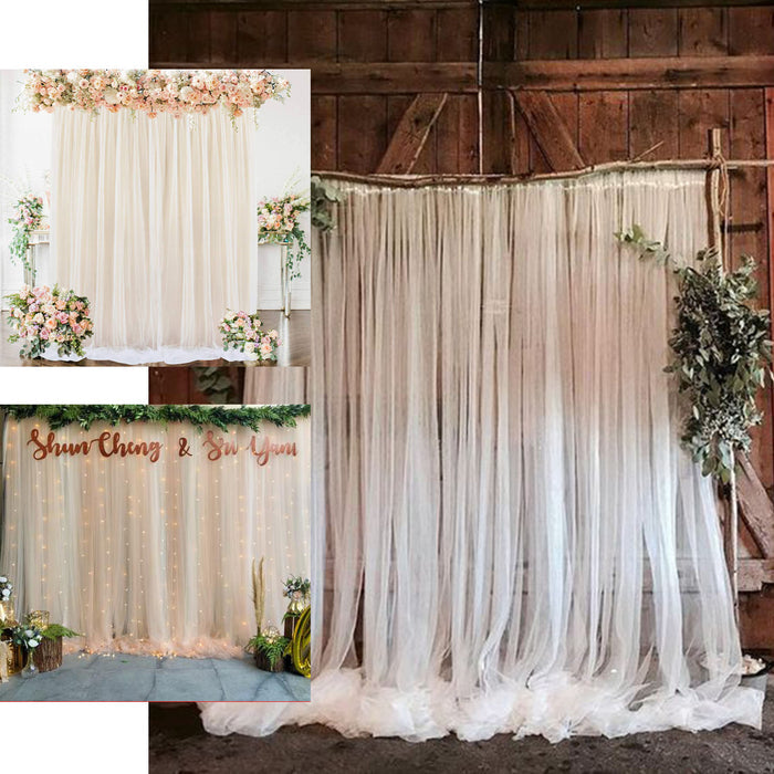 Black sheer tulle event curtain drapes with satin header, rod ready backdrop.