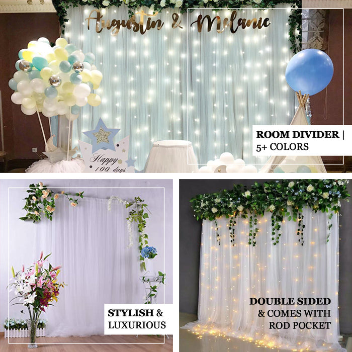 Black sheer tulle event curtain drapes with satin header and rod pocket.
