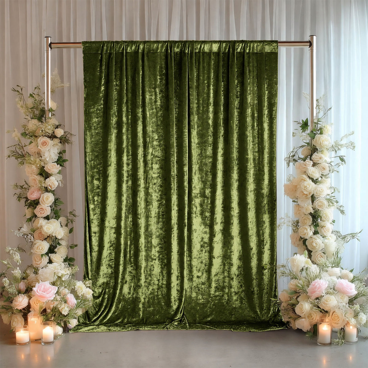 Dusty Sage Green Crushed Velvet Backdrop Curtain – 5ft x 12ft Event Drape with Rod Pocket, Privacy P