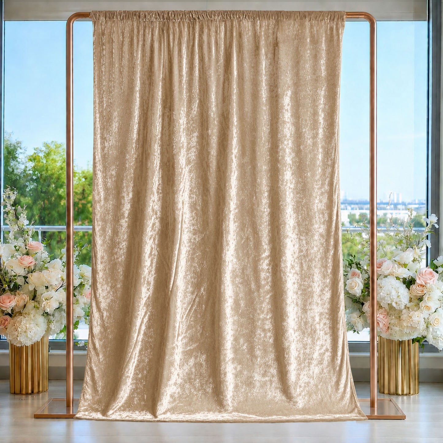 Beige Crushed Velvet Backdrop Curtain – 5ft x 14ft Event Drape with Rod Pocket, Privacy Panel for Ph