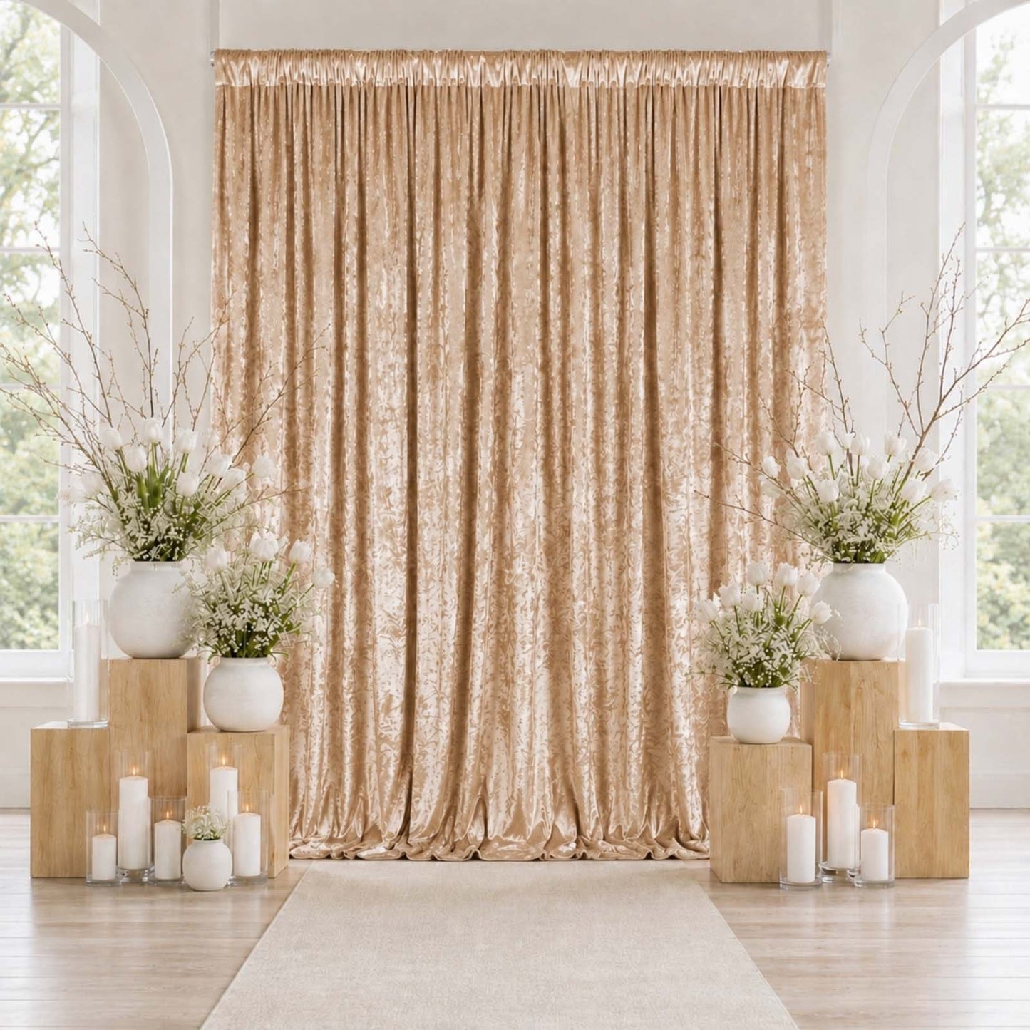 10ft x 12ft Premium Crushed Velvet Backdrop Curtain Beige – Wedding Backdrop Panel & Event Drapery w