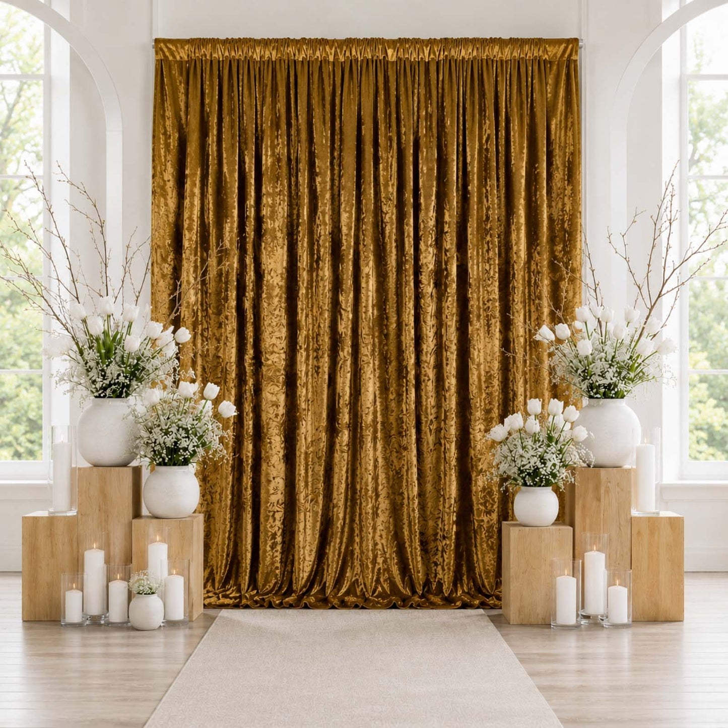 10ft x 12ft Premium Crushed Velvet Backdrop Curtain Gold – Wedding Backdrop Panel & Event Drapery wi