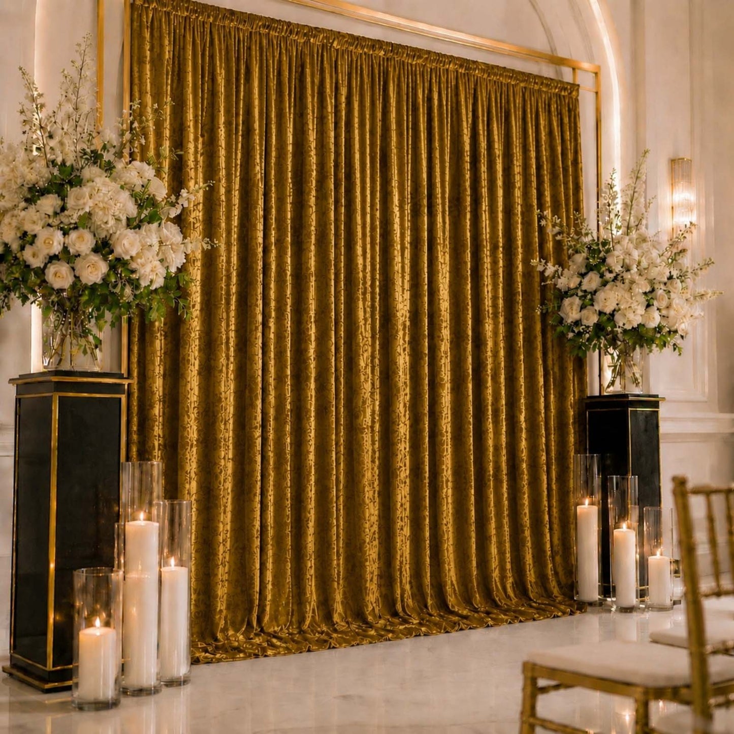 10ft x 12ft Premium Crushed Velvet Backdrop Curtain Gold – Wedding Backdrop Panel & Event Drapery wi