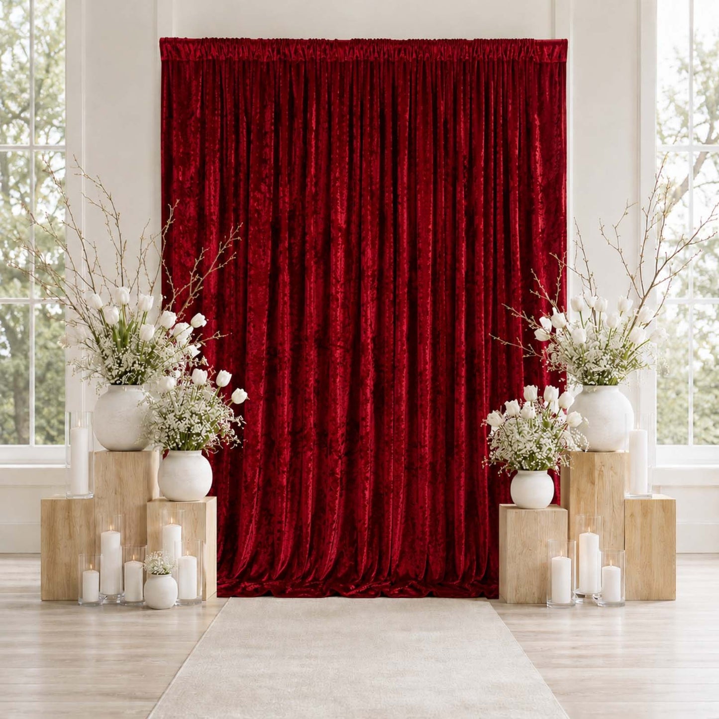 10ft x 12ft Premium Crushed Velvet Backdrop Curtain Red – Wedding Backdrop Panel & Event Drapery wit