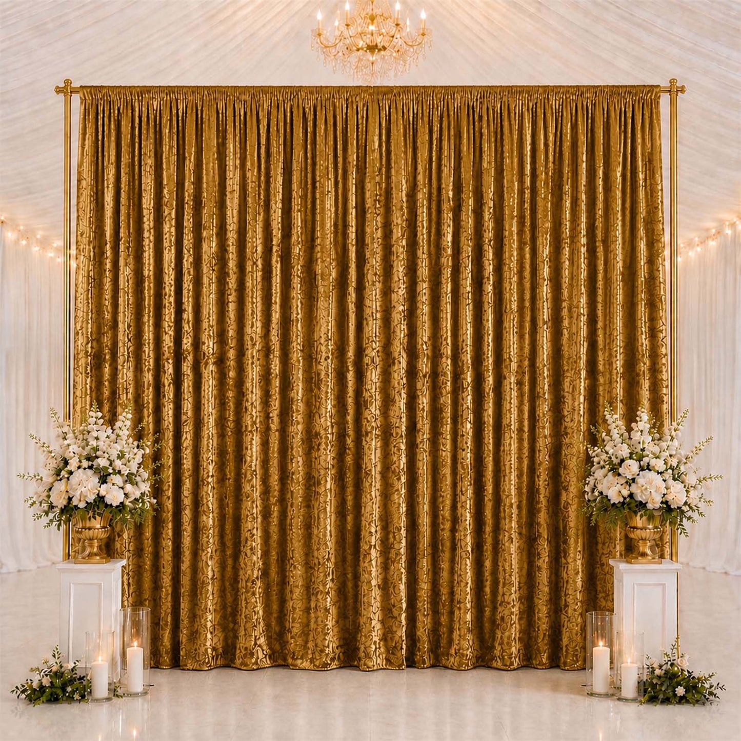 10ft x 14ft Premium Crushed Velvet Backdrop Curtain Gold – Stage Backdrop Panel & Event Drape with R
