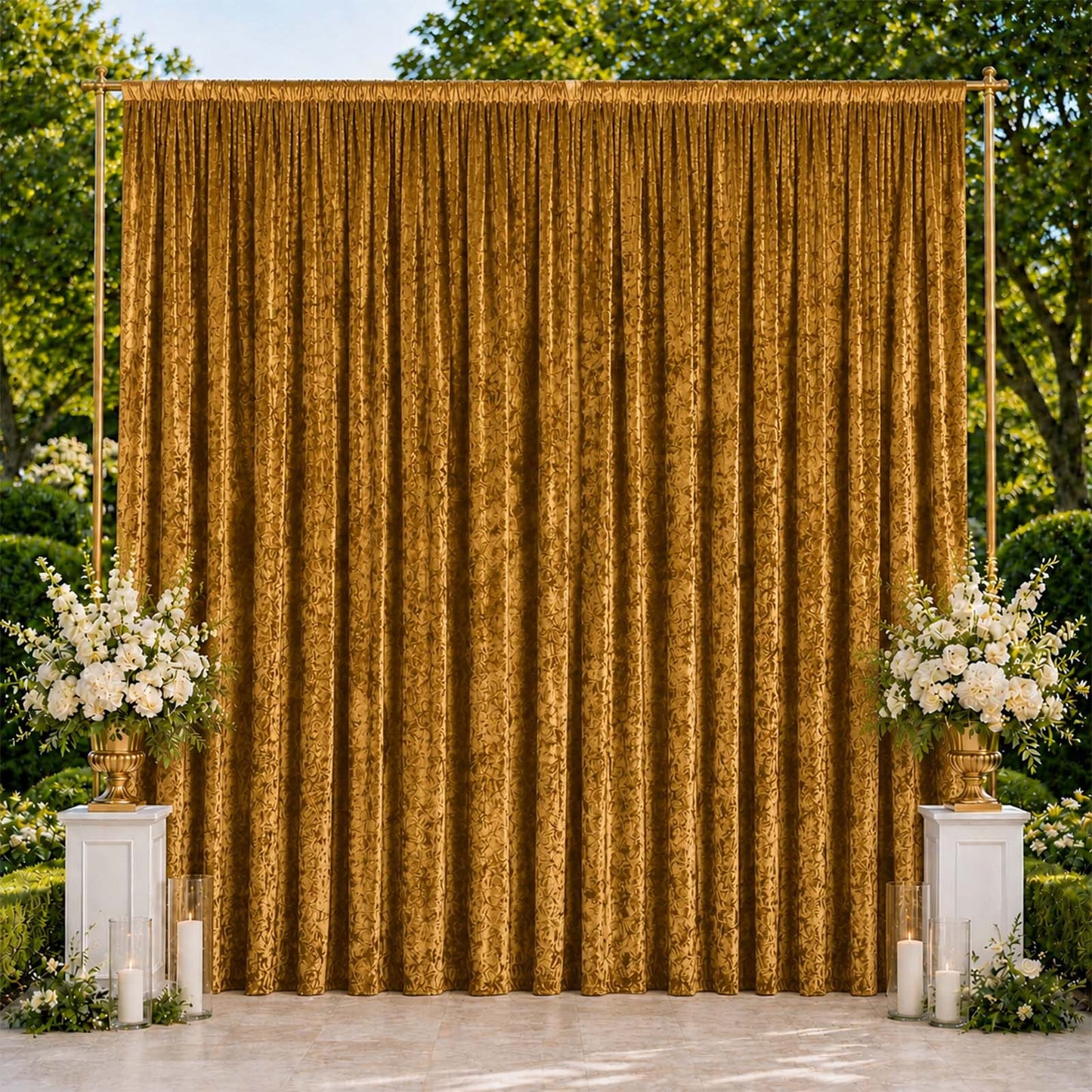 10ft x 14ft Premium Crushed Velvet Backdrop Curtain Gold – Stage Backdrop Panel & Event Drape with R