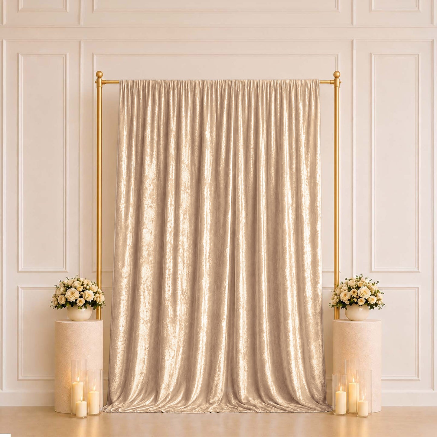 5ft x 10ft Premium Crushed Velvet Backdrop Curtain Beige – Event Drape Panel & Photo Booth Backgroun