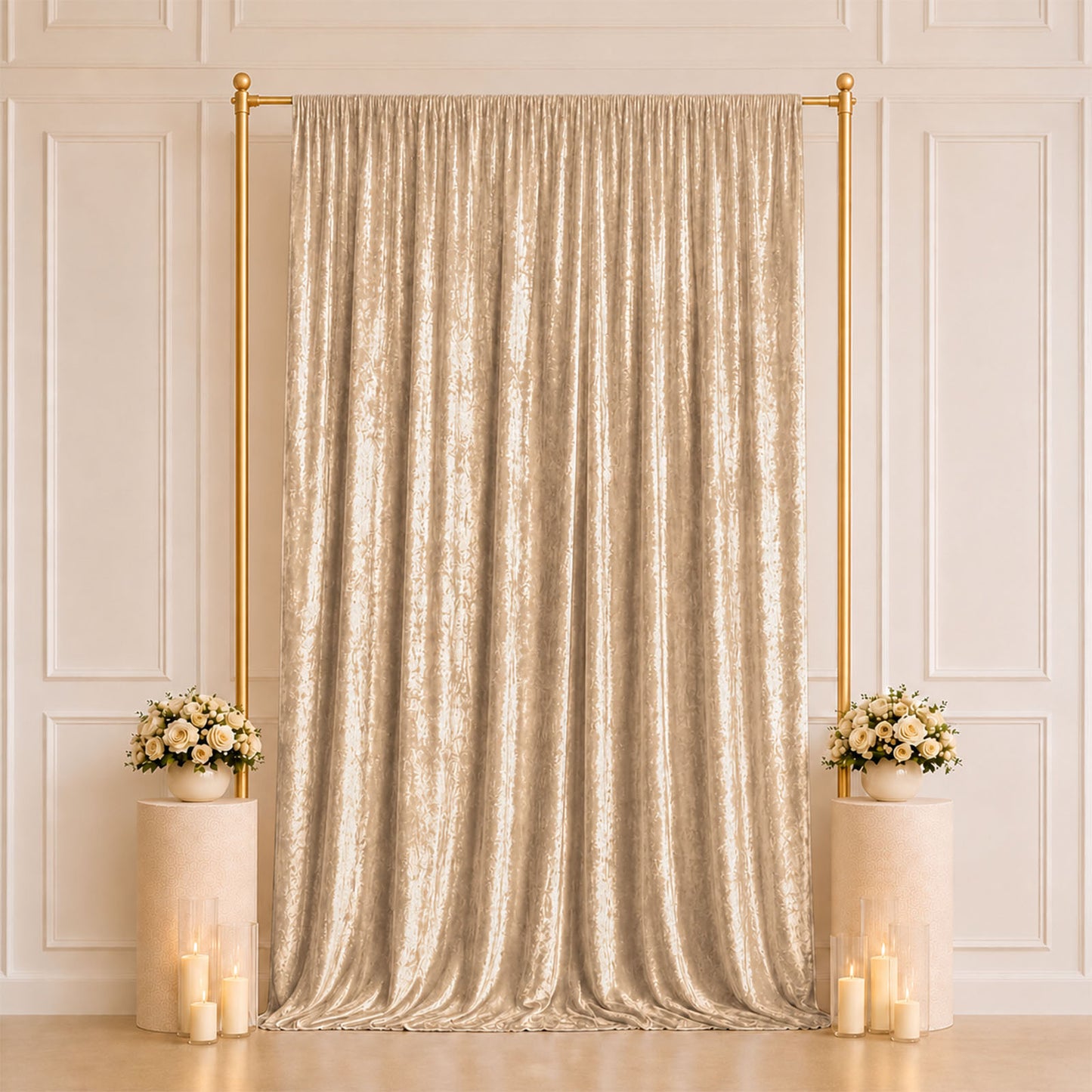 5ft x 12ft Premium Crushed Velvet Backdrop Curtain Beige – Event Drape Panel & Photo Booth Backgroun