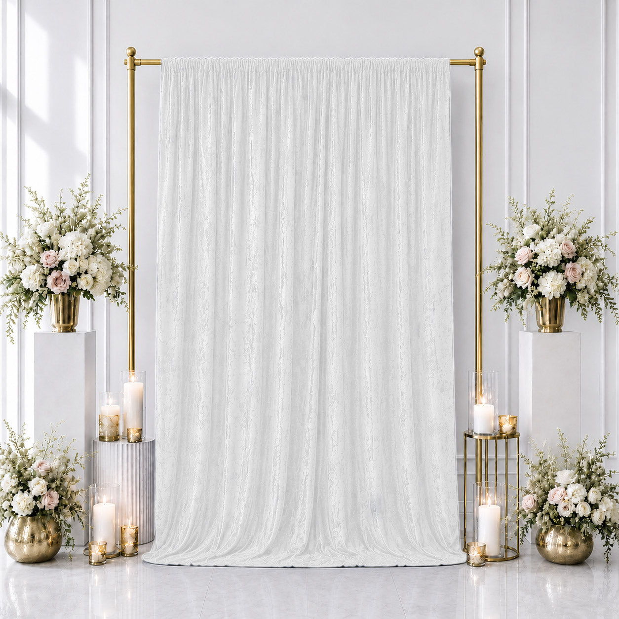 5ft x 12ft Premium Crushed Velvet Backdrop Curtain White – Event Drape Panel & Photo Booth Backgroun