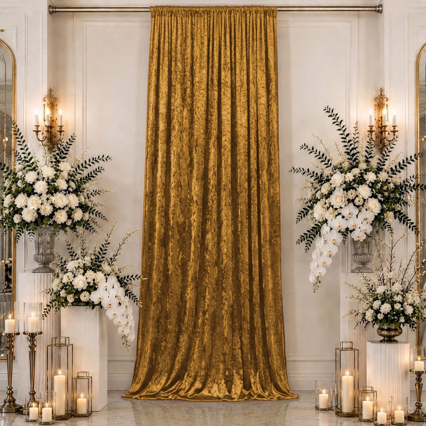 5ft x 16ft Premium Crushed Velvet Backdrop Curtain Gold – Event Drape Panel & Ceiling Drapery with R