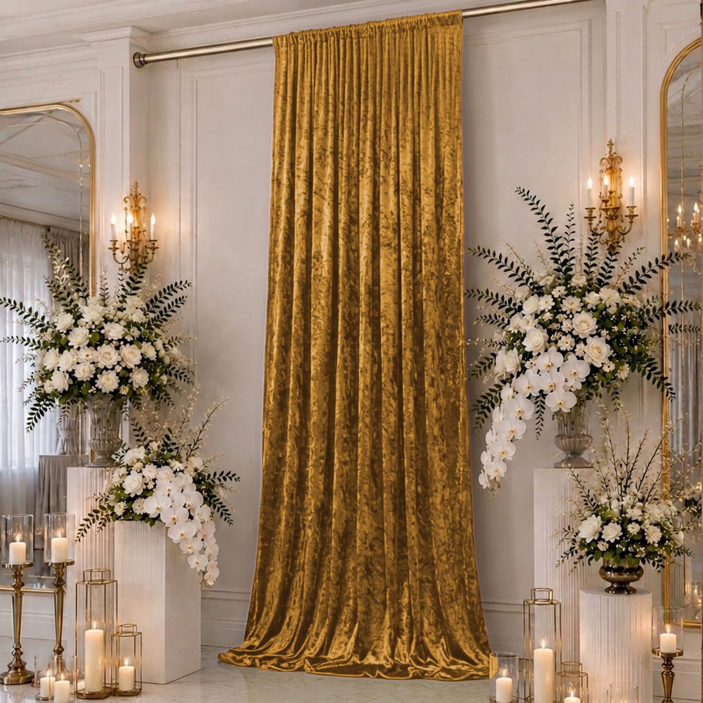 5ft x 16ft Premium Crushed Velvet Backdrop Curtain Gold – Event Drape Panel & Ceiling Drapery with R