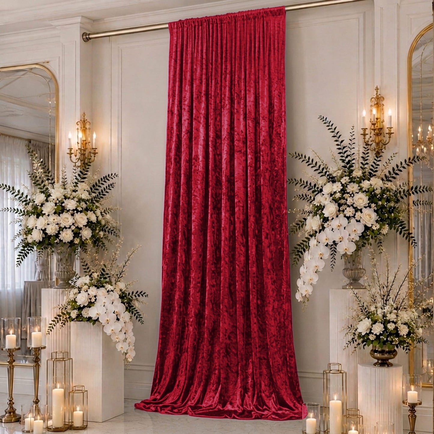 5ft x 16ft Premium Crushed Velvet Backdrop Curtain Red – Event Drape Panel & Ceiling Drapery with Ro