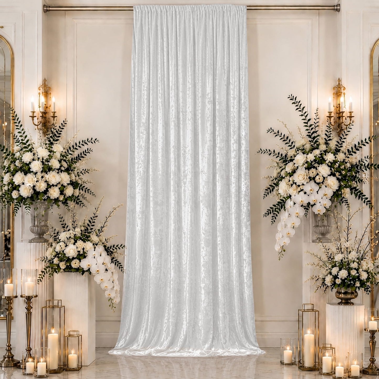 5ft x 16ft Premium Crushed Velvet Backdrop Curtain White – Event Drape Panel & Ceiling Drapery with 