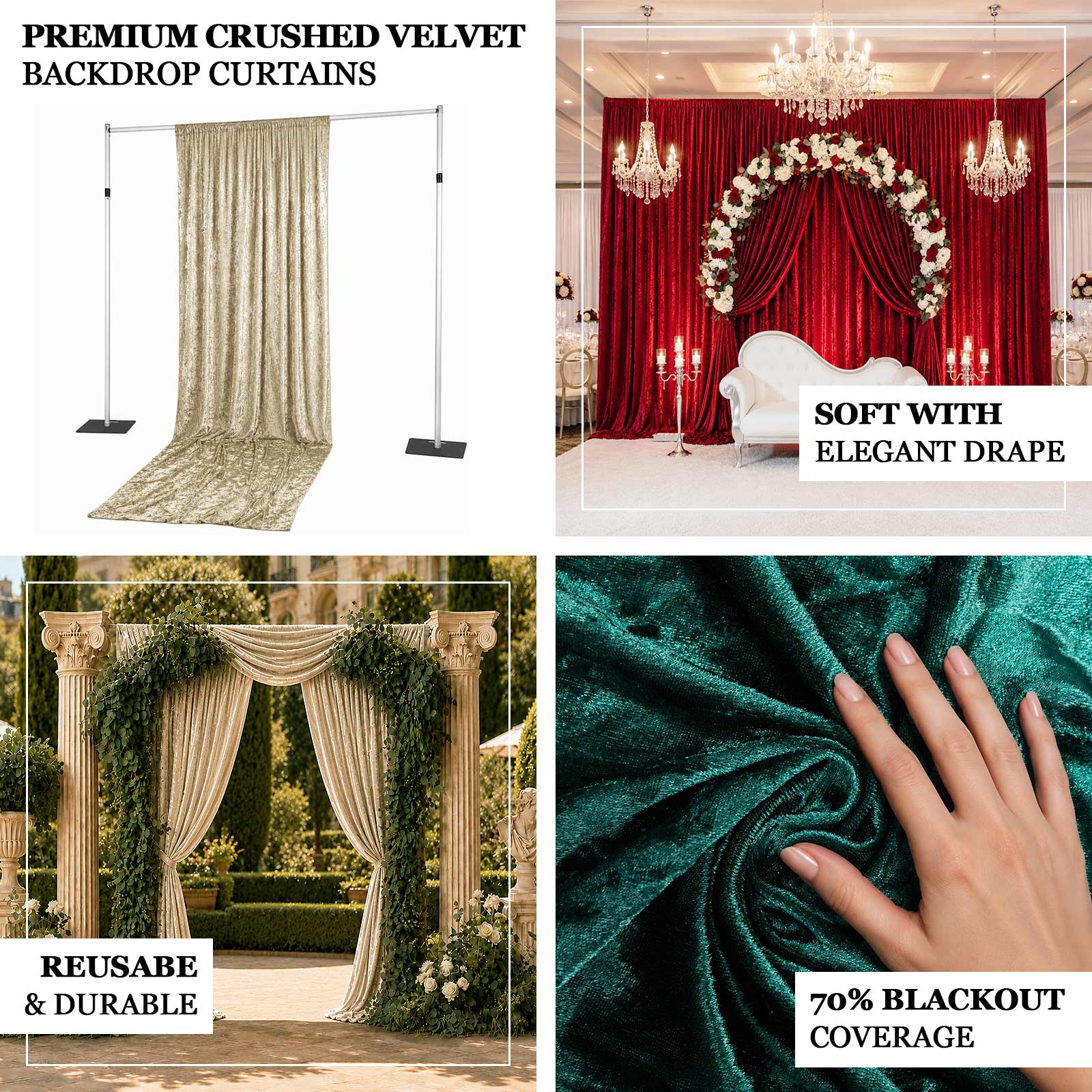 Premium crushed velvet photo booth backdrop curtain featuring rod pocket design for easy hanging