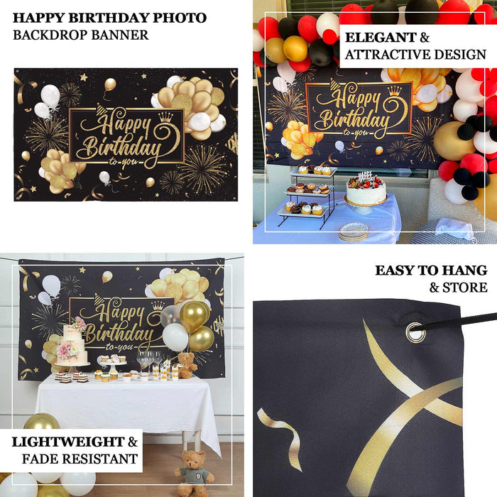 6ftx3ft Black / Gold Happy Birthday Polyester Background Banner, Large Photo Booth Backdrop Decoration