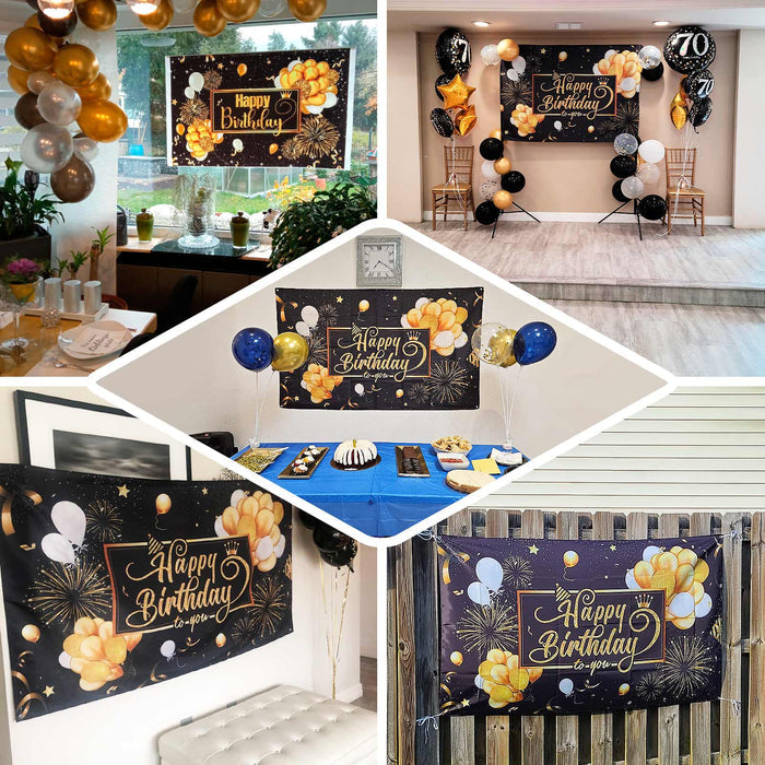 6ftx3ft Black / Gold Happy Birthday Polyester Background Banner, Large Photo Booth Backdrop Decoration