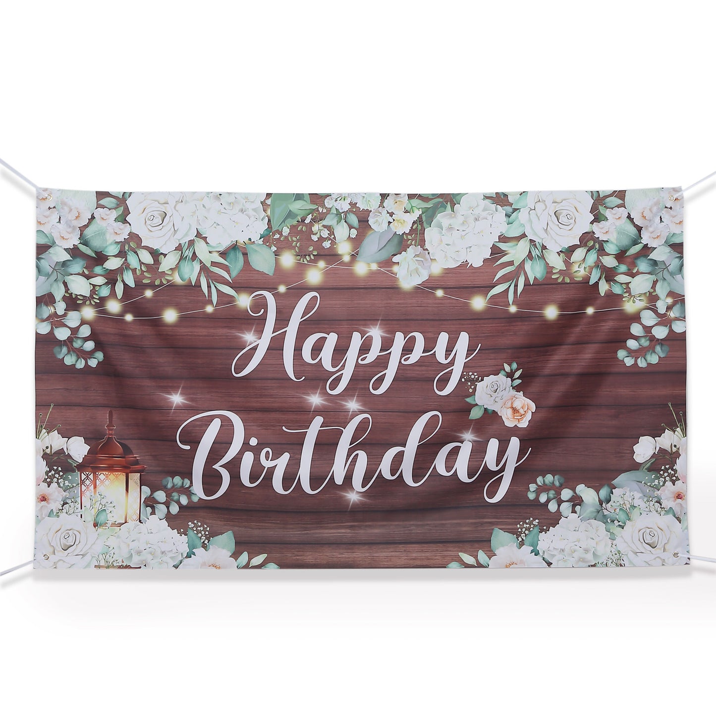 6ftx3ft White Brown Rustic Wood Floral Happy Birthday Photo Backdrop, Large Polyester Background Banner