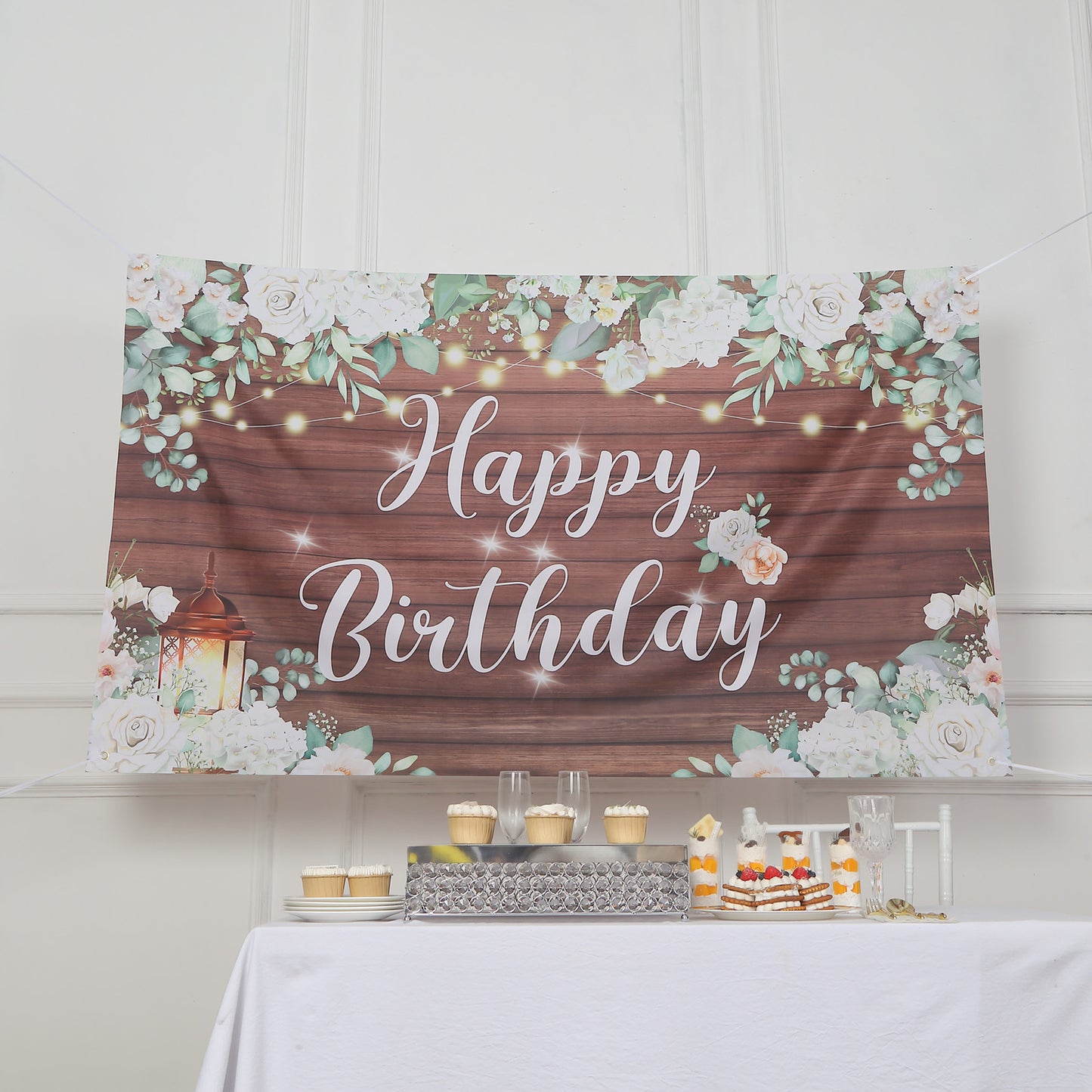 6ftx3ft White Brown Rustic Wood Floral Happy Birthday Photo Backdrop, Large Polyester Background Banner