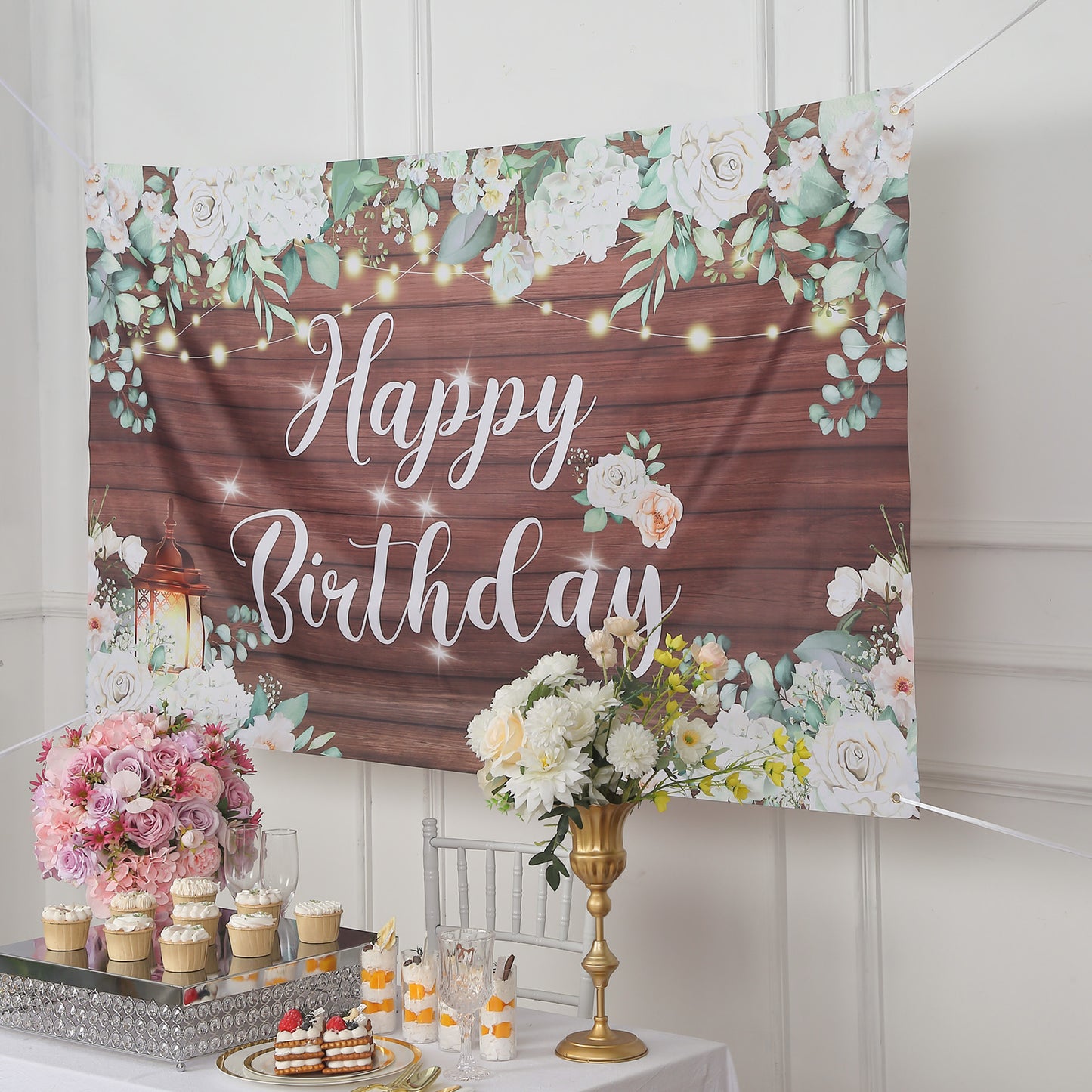 6ftx3ft White Brown Rustic Wood Floral Happy Birthday Photo Backdrop, Large Polyester Background Banner