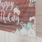 6ftx3ft rustic wood floral happy birthday backdrop with white and brown accents.