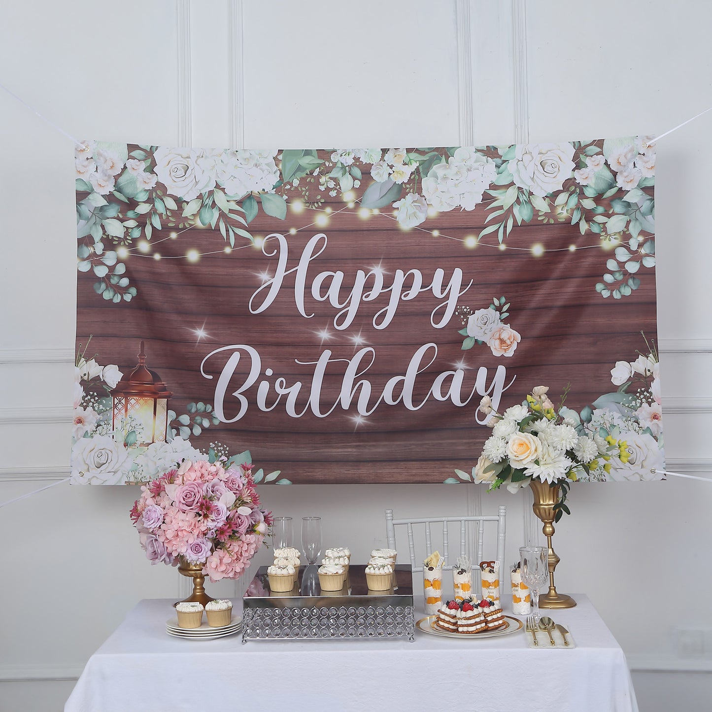 6ftx3ft White Brown Rustic Wood Floral Happy Birthday Photo Backdrop, Large Polyester Background Banner