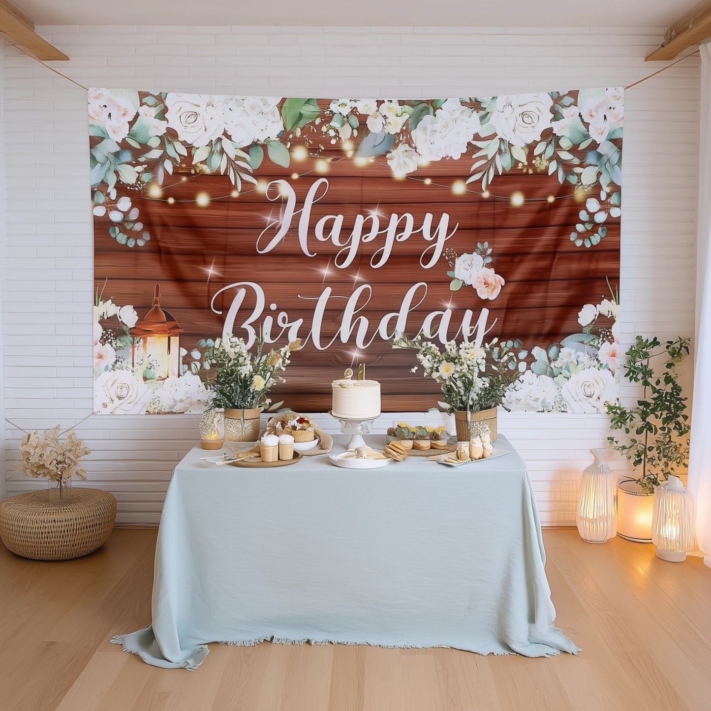 White brown rustic floral happy birthday backdrop for celebrations.
