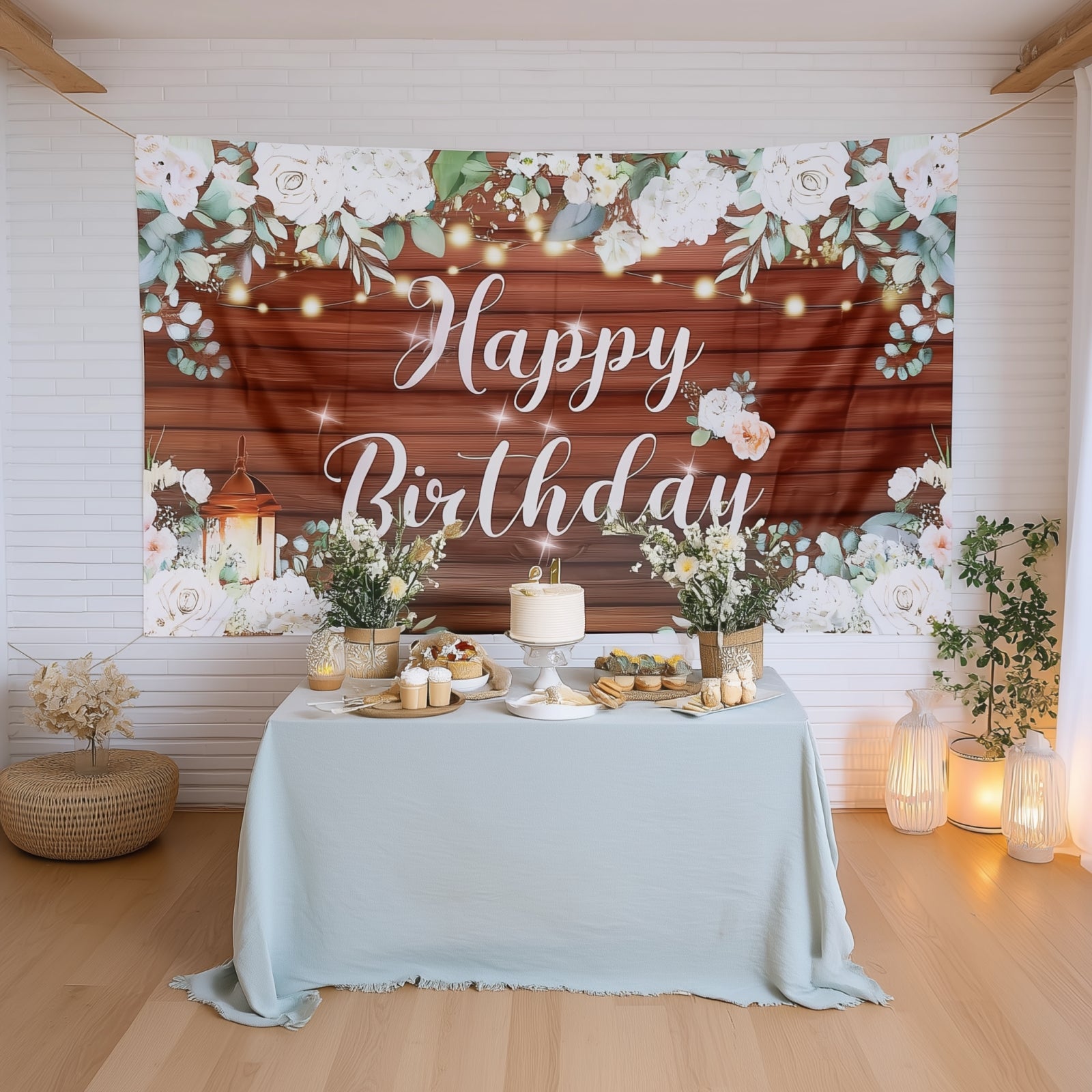 White brown rustic floral happy birthday backdrop for celebrations.