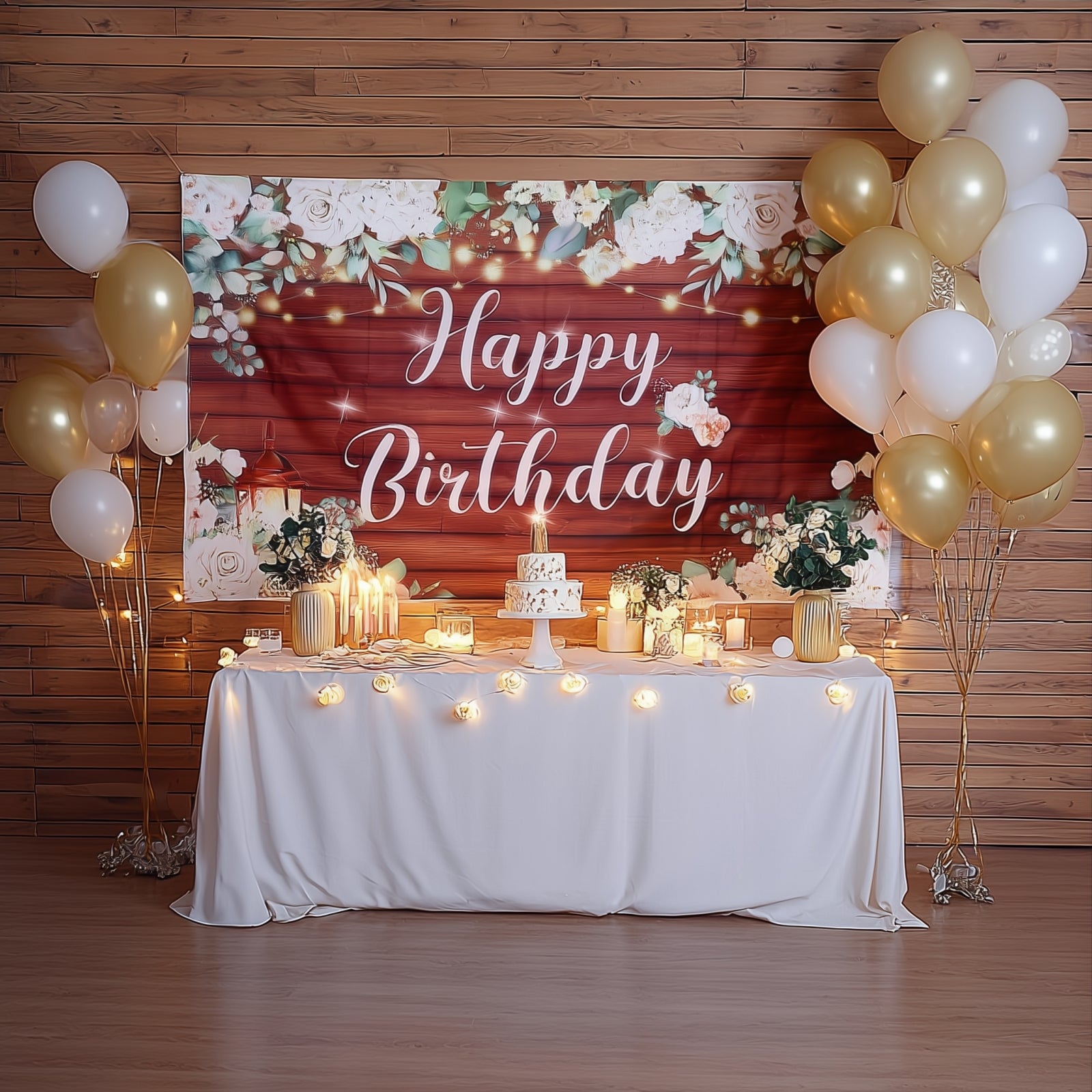 White and brown rustic floral birthday backdrop with balloons and decorations.