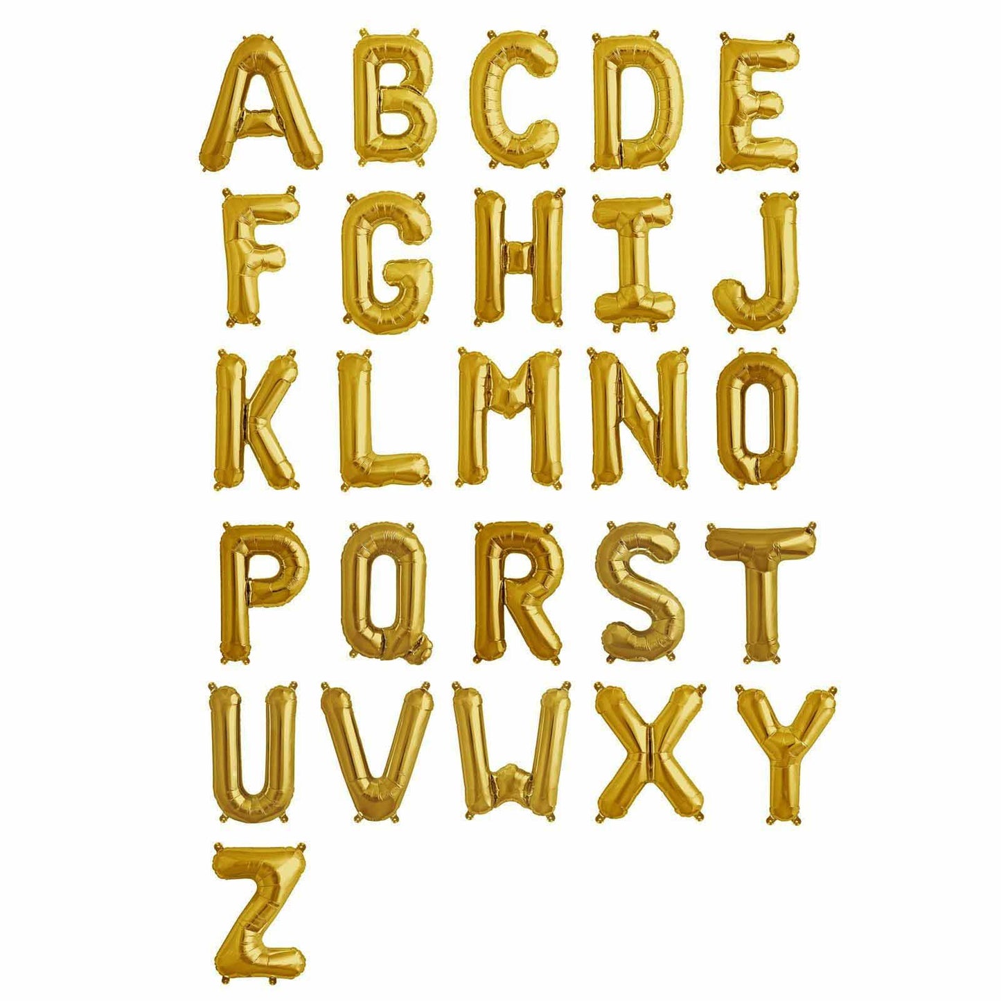 Matte gold letter balloons arranged in the alphabet, ideal for celebrations.