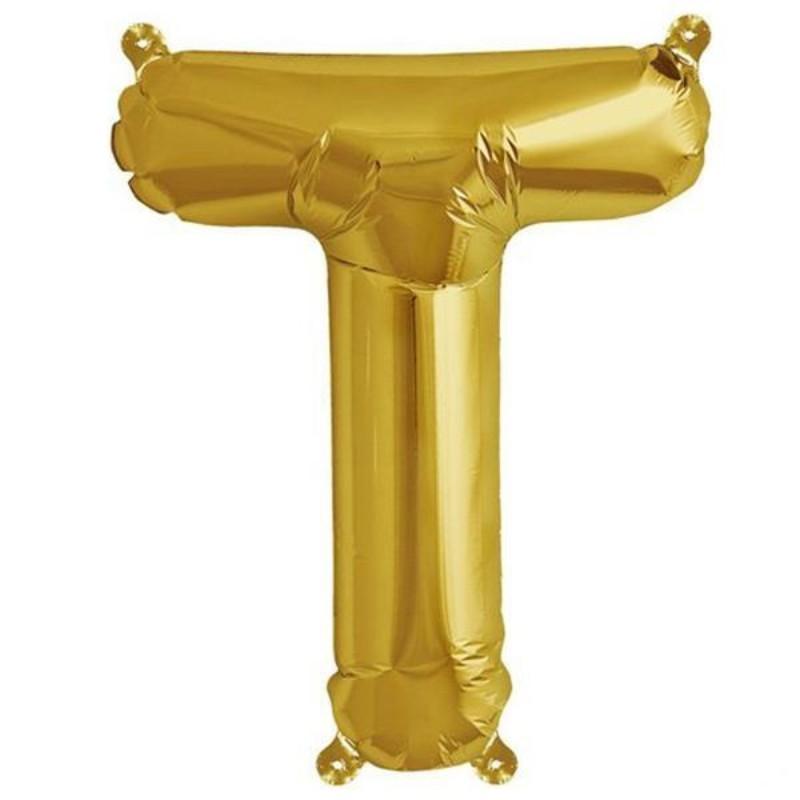 Matte gold letter balloon "T", 13 inches tall.