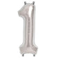Shiny metallic silver number balloon "1" in a festive setting.