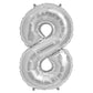 Silver number 8 balloon, shiny metallic mylar foil design.
