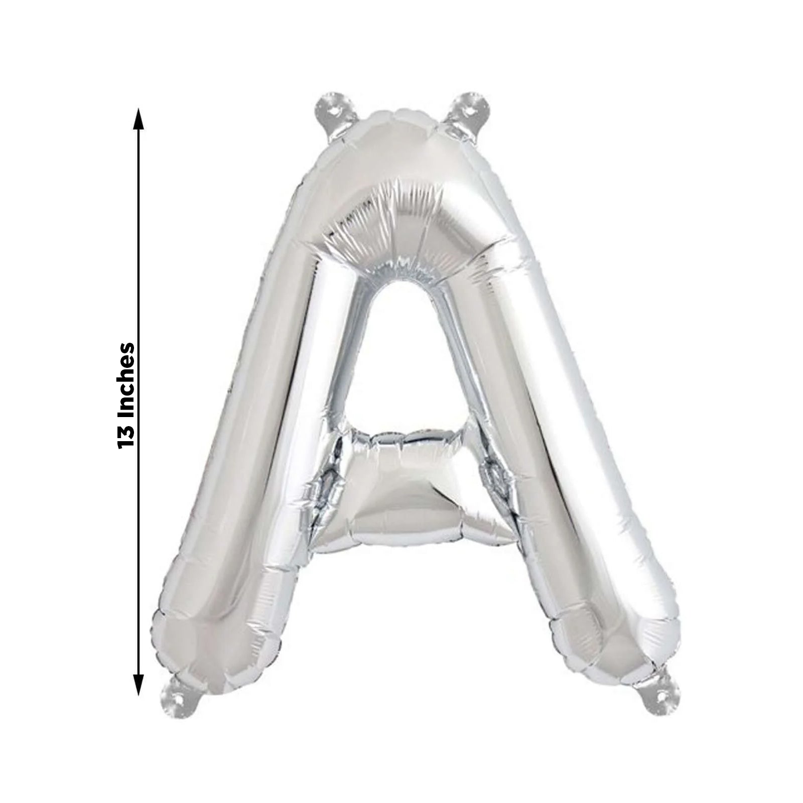 Shiny metallic silver letter balloon, 13 inches tall.