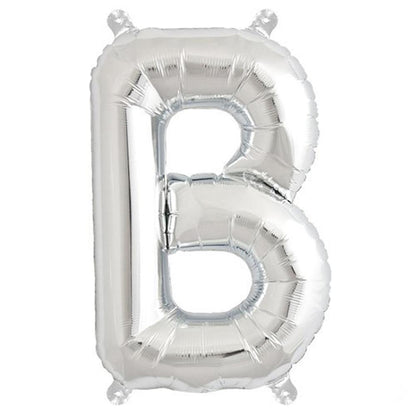 Silver letter balloon "B" in shiny metallic mylar foil.