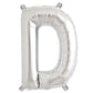 Silver letter balloon "D" in shiny metallic mylar foil.