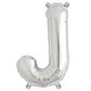 Silver letter balloon "J" in shiny metallic mylar foil.