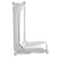 Shiny metallic silver letter balloon "L" in a playful design.