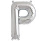 Silver letter balloon, shiny metallic mylar foil, letter P.