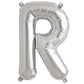 Shiny metallic silver R balloon, part of a 13" alphabet balloon set.