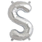 Silver letter balloon "S" in shiny metallic mylar foil.