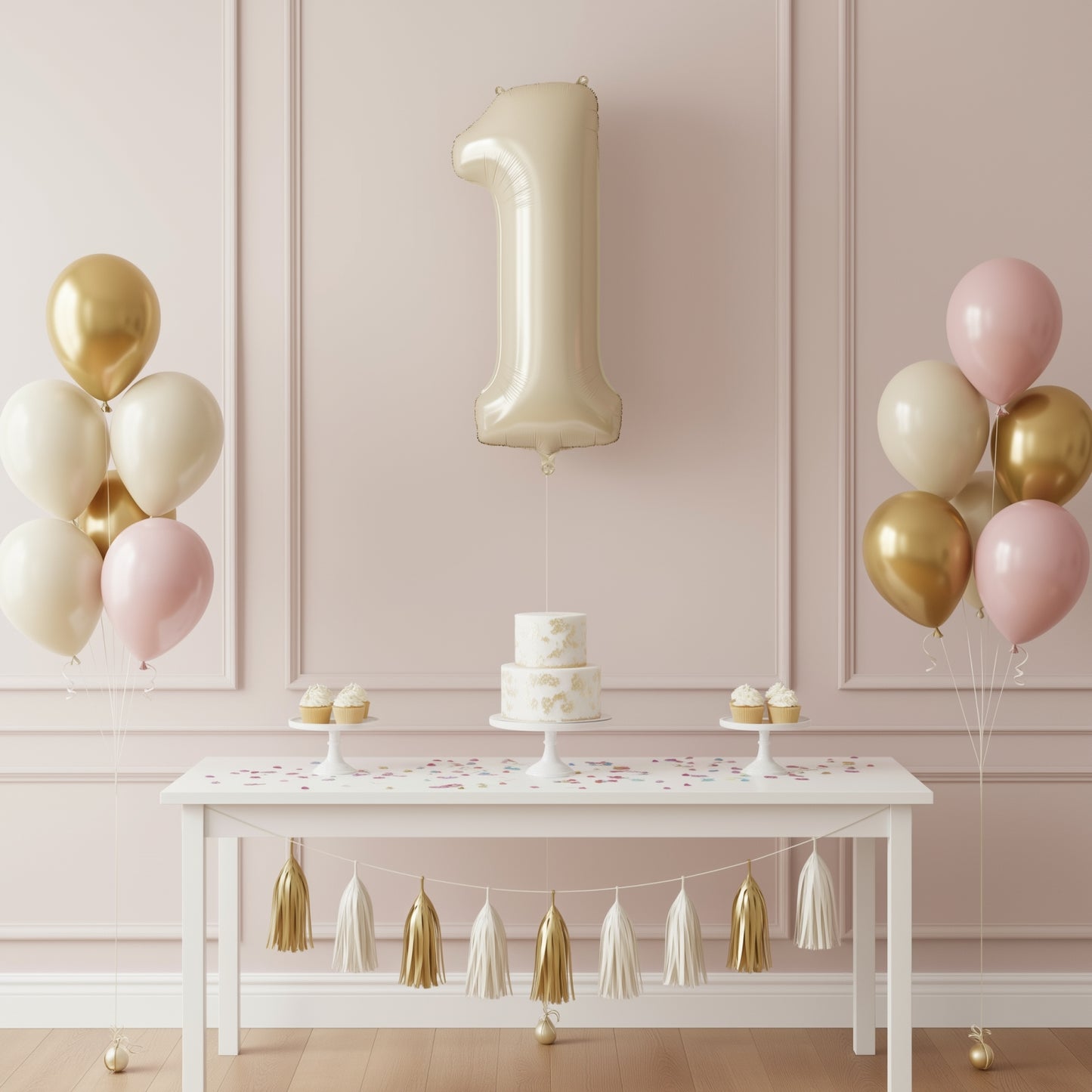 Matte cream number 1 balloon with gold and pink balloons at a party table.