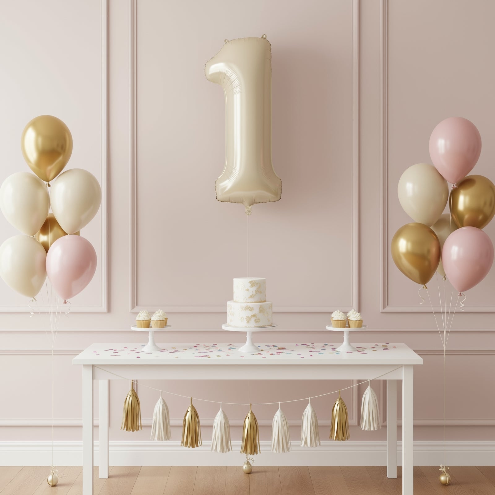 Matte cream number 1 balloon with gold and pink balloons at a party table.